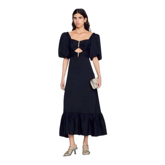 Sandro Falbala Rhinestone Embellished Midi Dress in Black NWT - Picture 1 of 8